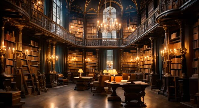 Old library with rows of books, dim light