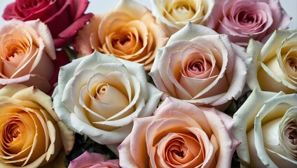 Beautiful roses in different colors stacked next to each other, romantic backgrounds, bouquet of roses