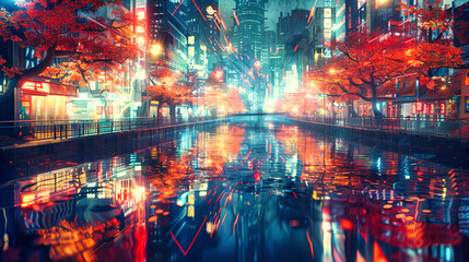 Rainy Night in the City: A Street Awash with Colorful Reflections, Blending Urban Life with Artistic Imagination