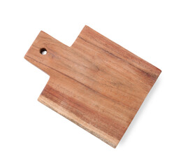 One wooden cutting board on white background, top view