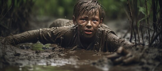 A man wearing a mud suit is seen immersed in water. The man appears to be exploring or engaging in an activity while covered in mud.