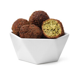 Delicious falafel balls in bowl isolated on white