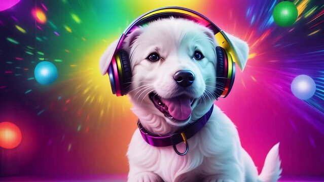 White Dog Wearing Headphones With Rainbow Background Generative AI
