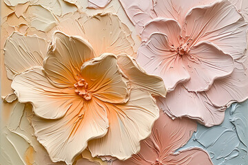 painting on canvas of flowers in a neutral color, in the style of soft sculptures, use of impasto technique, light pink and light orange, close-up, colorful woodcarvings, textured paint layers