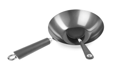 Metal wok and spatula isolated on white
