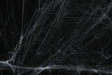 Creepy white cobweb on black background, closeup