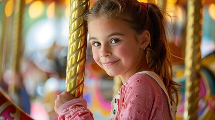 happy young girl merry go round having fun at an amusement park generative ai