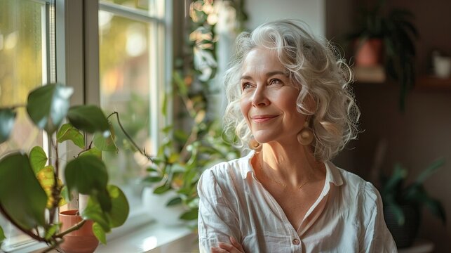 happy mature gray hair retired woman enjoying and looking out the window at home