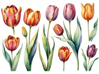 watercolor tulips set. hand drawn illustration
