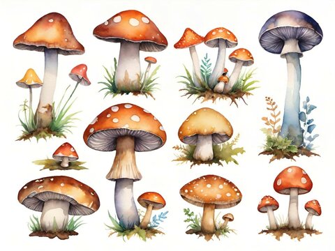 set of watercolor hand painted mushrooms.