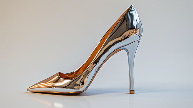  a single pair of metallic stiletto heels with a unique heel design, perfectly displayed against a clean white backdrop
