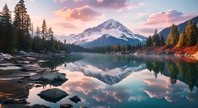 Serene mountain lake at dawn, vibrant reflections