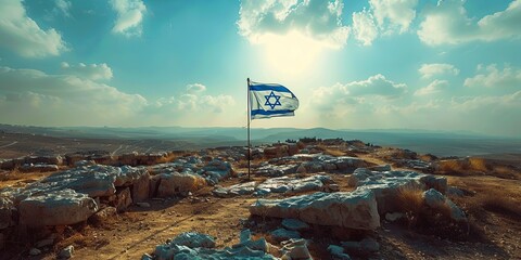 Israel flag waving on a pole, sky background. AI generative