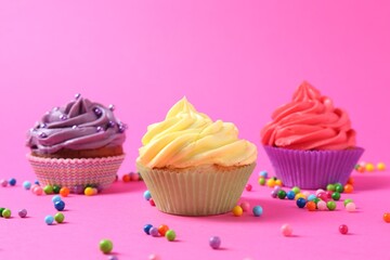 Delicious cupcakes with bright cream and sprinkles on pink background