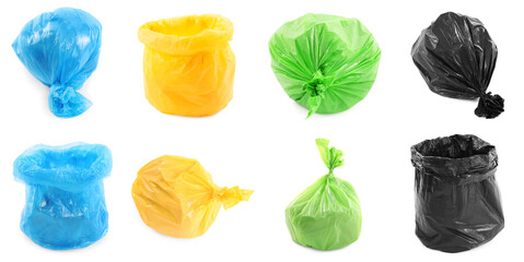 Different plastic garbage bags isolated on white, set