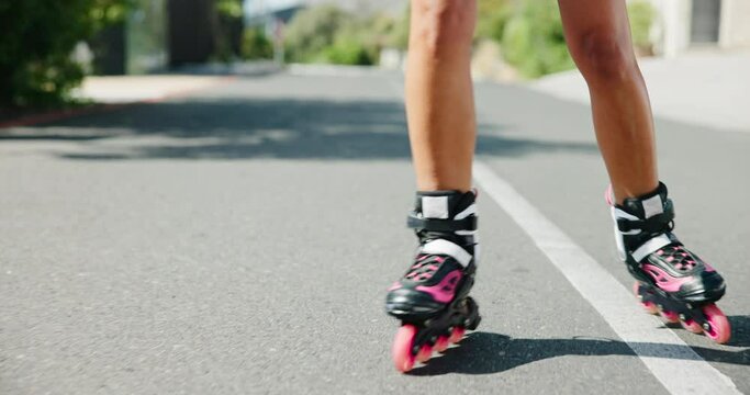 Roller blade, feet and person with fun in the street for travel, adventure and learning or outdoor activity. Closeup or zoom of a legs with rollerblading hobby on asphalt road for journey and balance