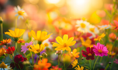  spring or summer garden background in closeup macro view or flowers meadow field in morning light, Generative AI 