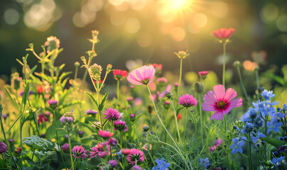  spring or summer garden background in closeup macro view or flowers meadow field in morning light, Generative AI 