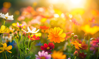  spring or summer garden background in closeup macro view or flowers meadow field in morning light, Generative AI 