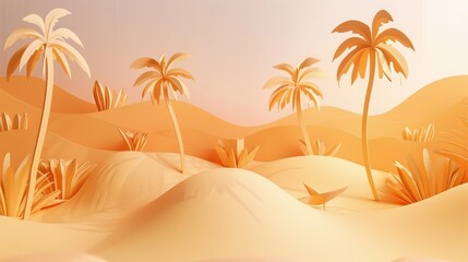 Fototapeta na wymiar A papercraft landscape of rolling paper sand dunes with paper date palm trees, symbolizing the desert during Ramadan and the Islamic New Year
