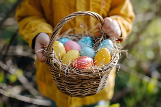 A child is holding a basket with Easter eggs, close up