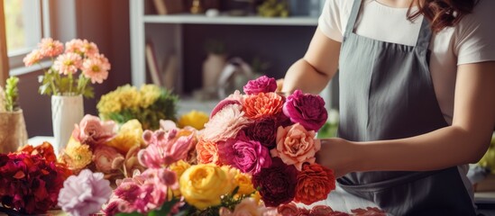 A young woman, a florist, is carefully arranging artificial flowers in a vase on a table. She is focused on her work, creating a beautiful decoration for a home interior.