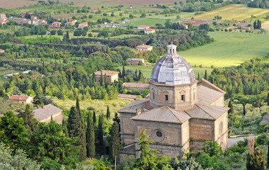 Church of Santa Maria delle Grazie al Calciano with surrounding Tuscan landscape in Italy