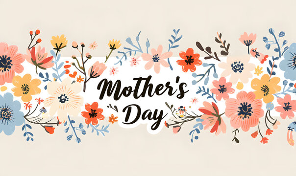 Inscription "Mother's Day" decorated with minimalist flowers, Generative AI 