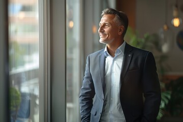 Fototapeta premium Happy business man wearing suit standing in office