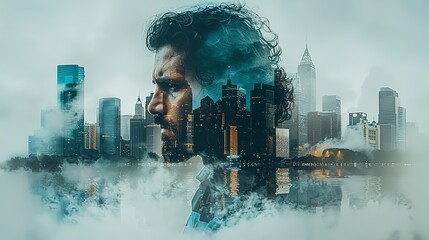 A man's face is shown in a cityscape with a foggy atmosphere