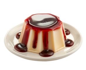 Panna cotta with berry syrup  on white plate isolated on transparent background.