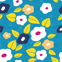 Floral pattern vecotr in Japanese style. Colorful flower element. Blue and yellow natural background