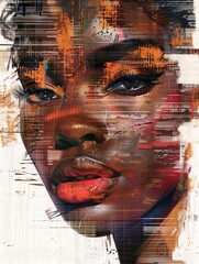 Magazine cover style art of a beautiful black woman's face, with glitch effects, AI generated illustration