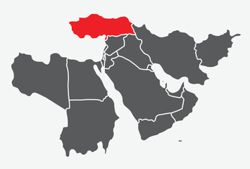 Red map of TURKEY (TÜRKIYE) inside dark gray map of the Middle East