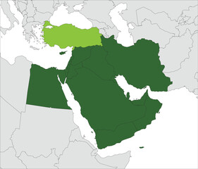 Light green map of TURKEY (TÜRKIYE) inside highlighted dark green map of the Middle East