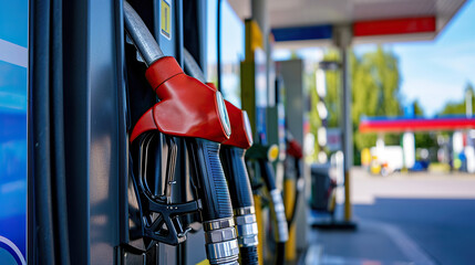 Fuel gasoline dispenser, close up oil pump nozzle gas station