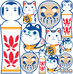 Beckoning cat, lucky dog doll elements with geometric pattern in Japanese style. Traditional template background in vintage style