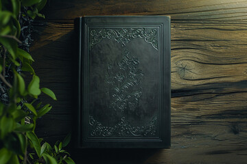 a black hardcover book with a green cover, in the style of victorian engravings, textured shading, symmetrical arrangement