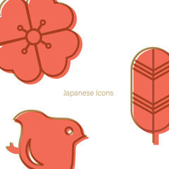 geometric pattern in Japanese style. Fuji mountain, Red Cherry blossom flower, bonsai tree, bamboo leaves and bird icons. Traditional template background in vintage style