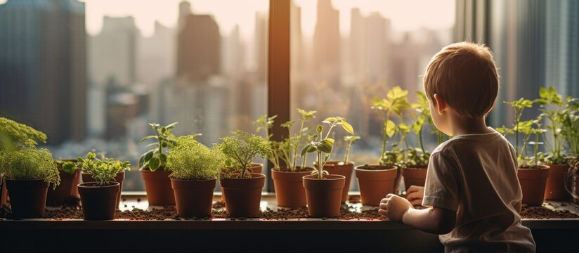 A little boy, dressed in casual clothing, sits on a window sill and gazes out at the cityscape below. He appears curious and engaged, with his hands resting on his knees. The background shows tall