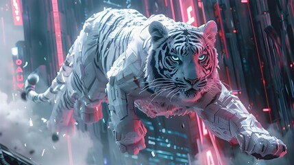 Powerful Robot Tiger in Futuristic City Illustration