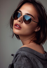 Naklejka premium Photo portrait of young beautiful female sexy woman model with fashionable clothes designs