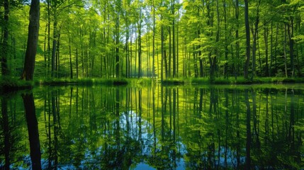 A large body of water surrounded by tall trees. Reflecting the lush green canopy above. The tranquil surface of the lake reflects the vibrant foliage.