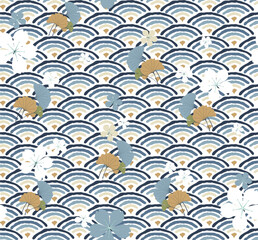 Blue wave Japanese seamless pattern with gingko leaf and cherry blossom flower elements. Wood cut style. Blue pattern and texture. Ocean texture.	