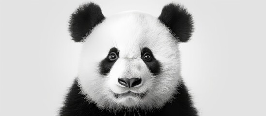 The image features the distinct black and white coloring of a panda bears face, set against a plain white backdrop. The pandas facial features, including its eyes, nose, and round ears, are clearly