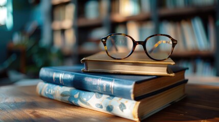 A pair of glasses placed on a pile of books, blurred background