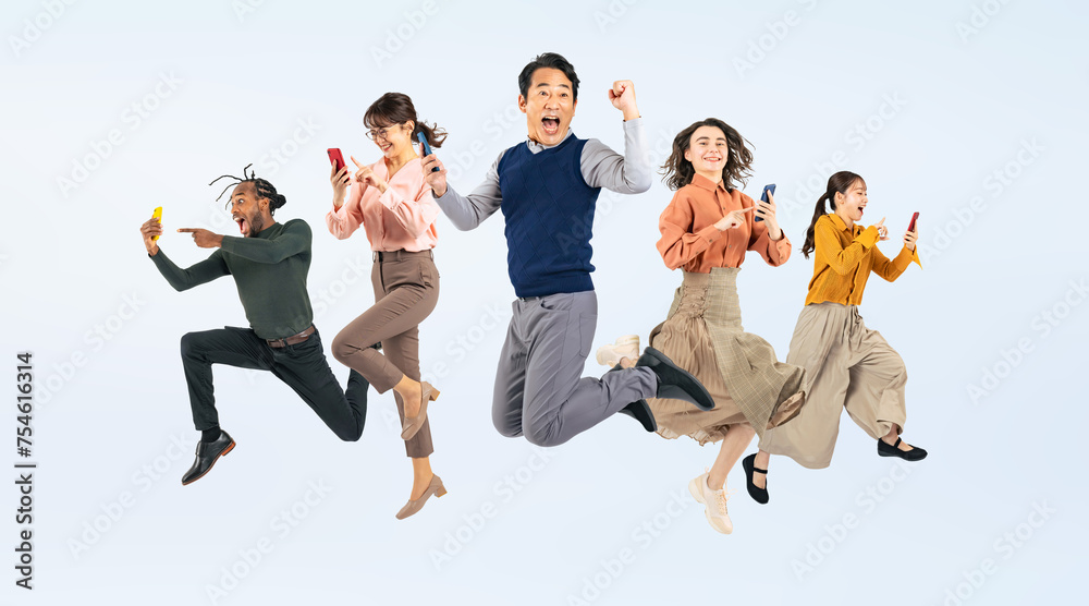 Poster スマホを持ってジャンプする様々な世代や国籍の人々（切り抜き背景透過pngも販売しております。作成者リンクから「png」で検索してください）