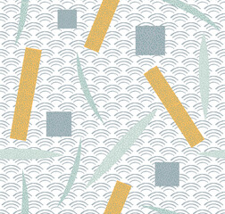 Abstract art leaves and wave elements in vintage style. Yellow and blue geometric shape background in oriental style.