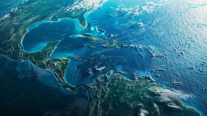 Aerial view of a Caribbean island chain - High angle shot showcasing the vivid blues and greens of a tropical Caribbean archipelago surrounded by ocean waters