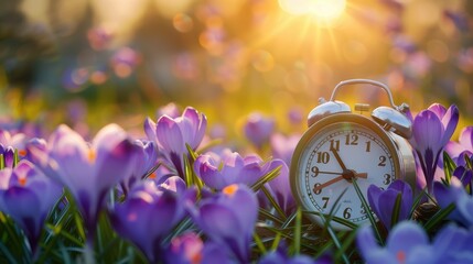 Alarm clock among blooming crocuses A concept that moves forward spring time change